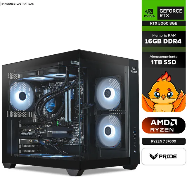 Computadora PRIDE GAMING FACTOR BLACK V3/ AMD Ryzen 7 5700X / RTX 5060 8GB / 16GB RAM / 1TB SSD / Enfriamiento Líquido 240mm / 700W 80+ BRONZE / INCLUYE WIFI Y BT