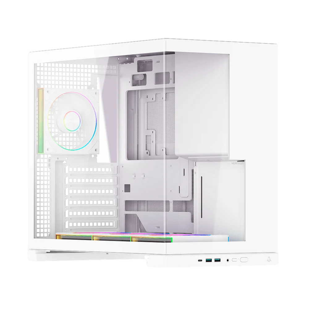 Gabinete Munfrost Flow / Media Torre / Diseño Panorámico / 4 Ventiladores ARGB + Control / Cristal Templado / Blanco / CGFLOWWMFT