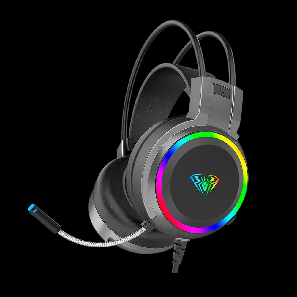 Diadema Gamer AULA Mountain S608 / Iluminacion RGB / Drivers 50mm / Alambrica 3.5mm + USB / Negro / S608