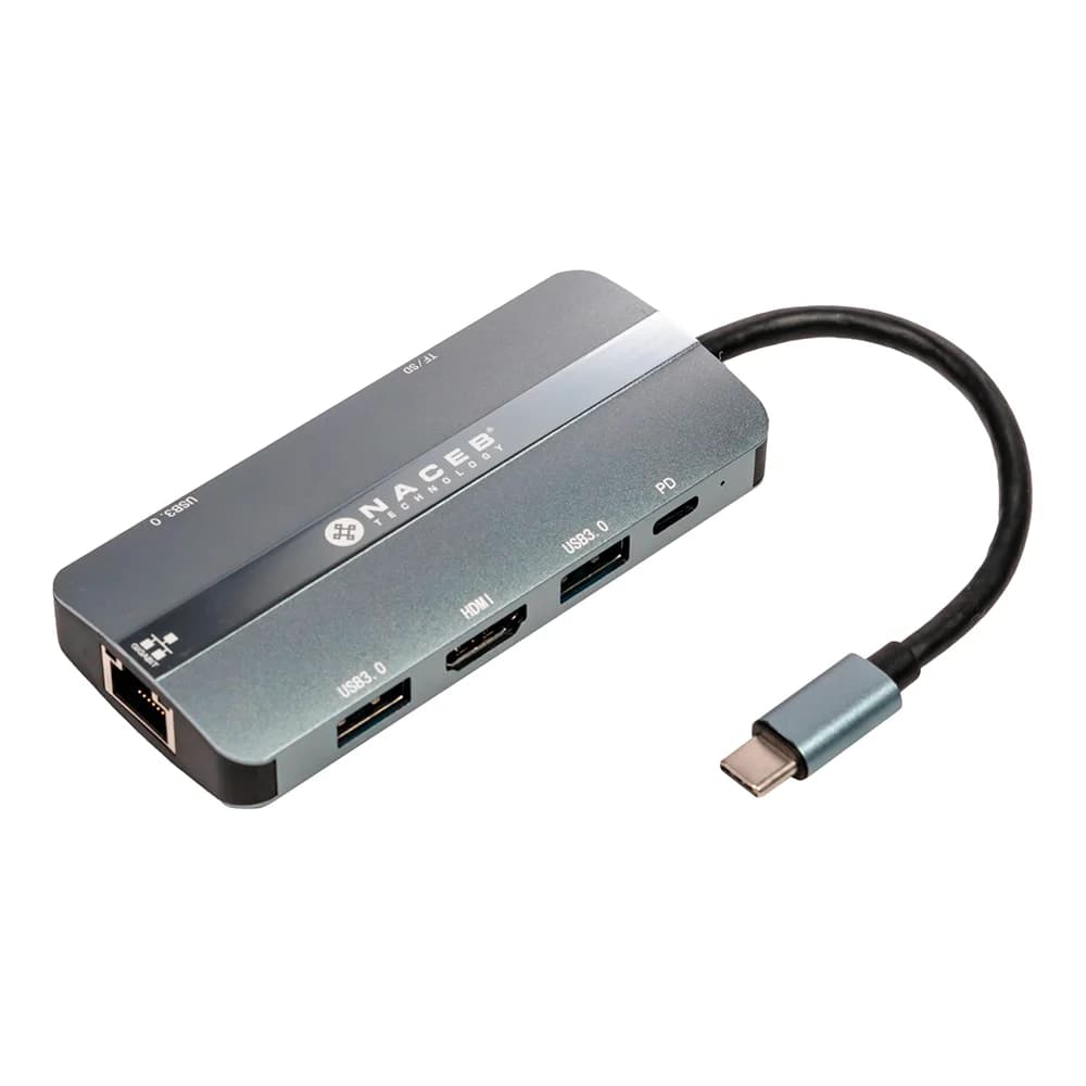 Adaptador NACEB NA-0129 USB-C 8 en 1 / HDMI / 3 Puertos USB 3.0 / Lector SD y TF / NA-0129
