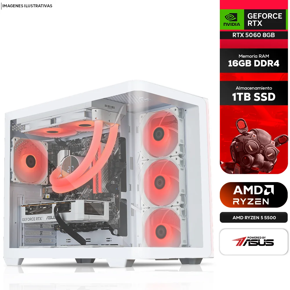 Computadora PRIDE GAMING PBA WHITE CAT / NVIDIA GEFORCE RTX 5060 8GB / AMD RYZEN 5 5500 / 16GB RAM DDR4 / SSD 1TB / 700W 80+ BRONZE / WIFI / BT