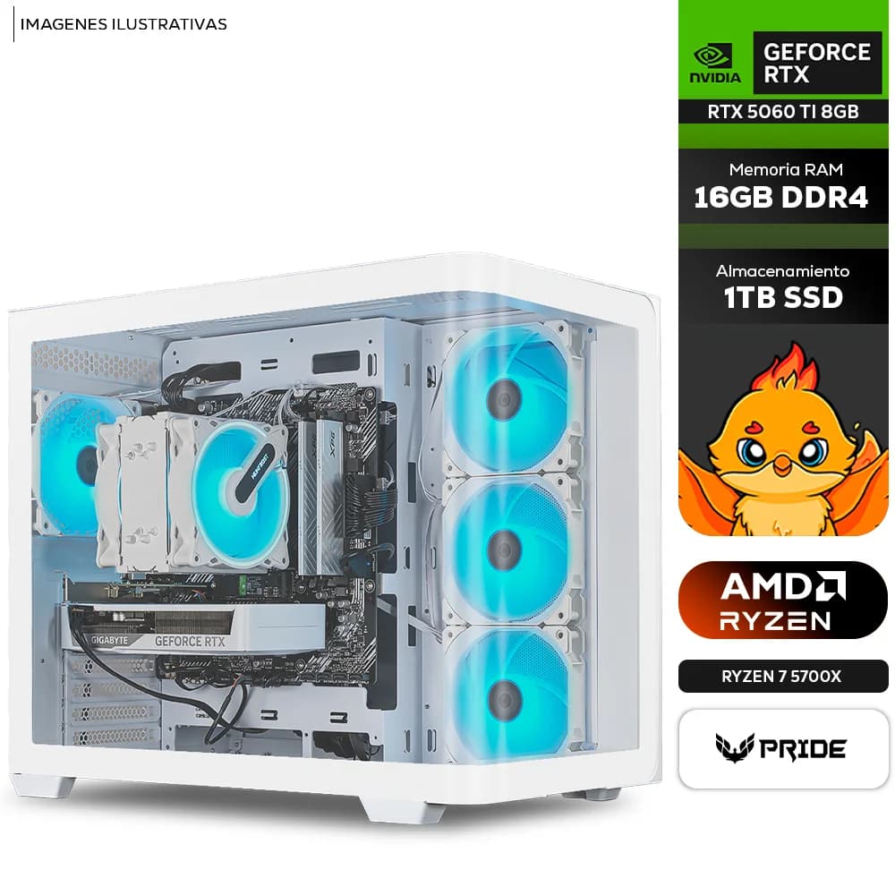 Computadora PRIDE GAMING FACTOR WHITE V5 / NVIDIA GEFORCE RTX 5060 TI 8GB / AMD RYZEN 7 5700X / 16GB RAM DDR4 / 1TB SSD / 700W 80+ BRONZE / WIFI / BT