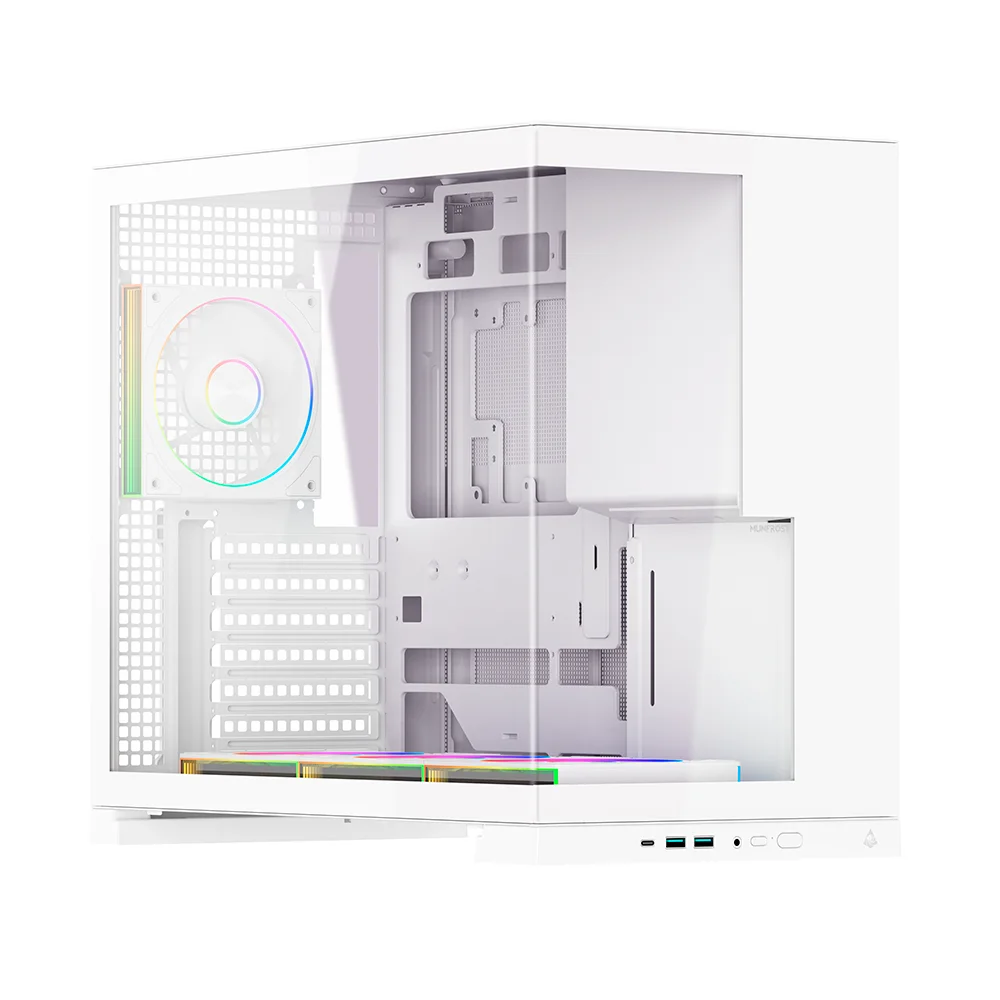 Gabinete Munfrost Flow / Media Torre / Diseño Panorámico / 4 Ventiladores ARGB + Control / Cristal Templado / Blanco / CGFLOWWMFT/