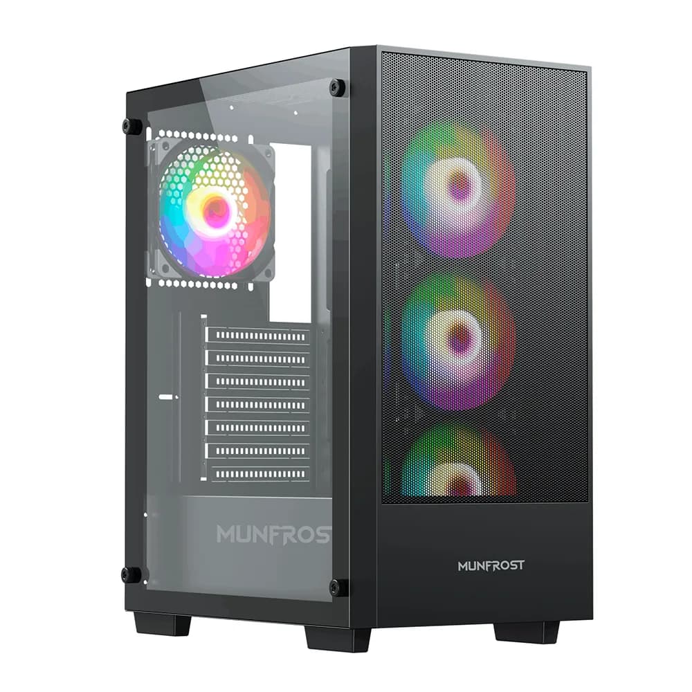 Gabinete Munfrost Alpha Black / Cristal templado / ARGB Sync / Controlador de ventiladores / Atx - Micro ATX - Mini ITX / 4 Ventiladores ARGB incluido/