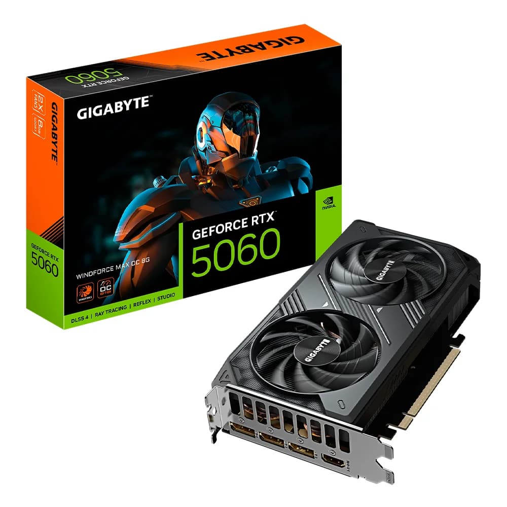 Tarjeta de Video Gigabyte GeForce RTX 5060 WINDFORCE MAX OC 8GB GDDR7 / PCIe 5.0 x16 / 128-bit / WINDFORCE Dual Fan / HDMI 2.1b / DisplayPort 2.1b / GV-N5060WF2MAX OC-8GD