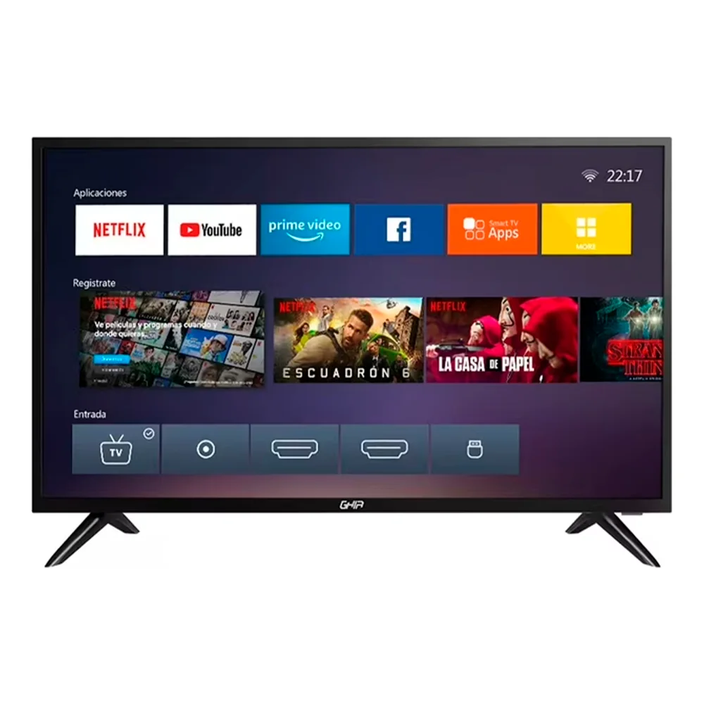 Pantalla GHIA Orizzonte G32NTFXHD20 / Smart TV LED 32" / HD 1366×768 / Sistema Linux Smart TV / Wi-Fi / DLED / 2 HDMI / 2 USB / Ethernet / Negro / G32NTFXHD20