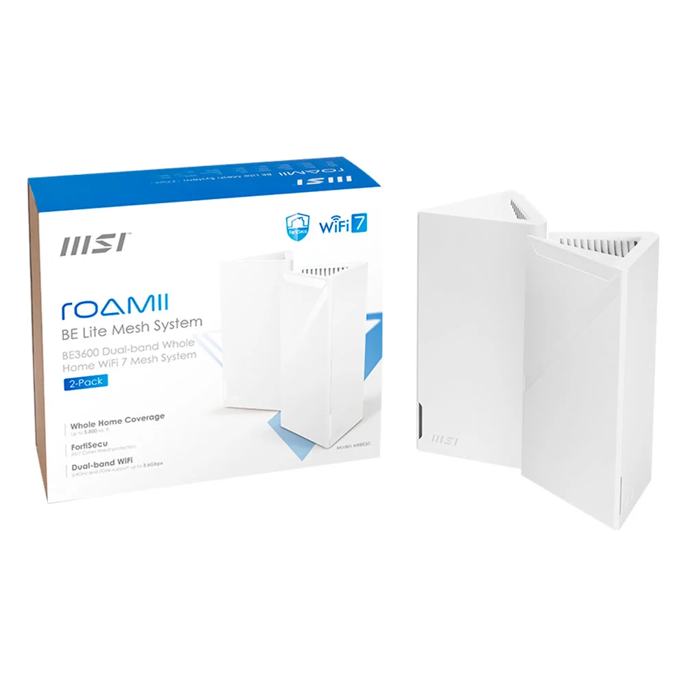 Router MSI Roamii BE Lite / Paquete de 2 /WiFi 7 / Hasta 5.800 pies Cuadrados de Cobertura / Puerto Ethernet de 2.5 Gbps / ROAMII BE LITE MESH