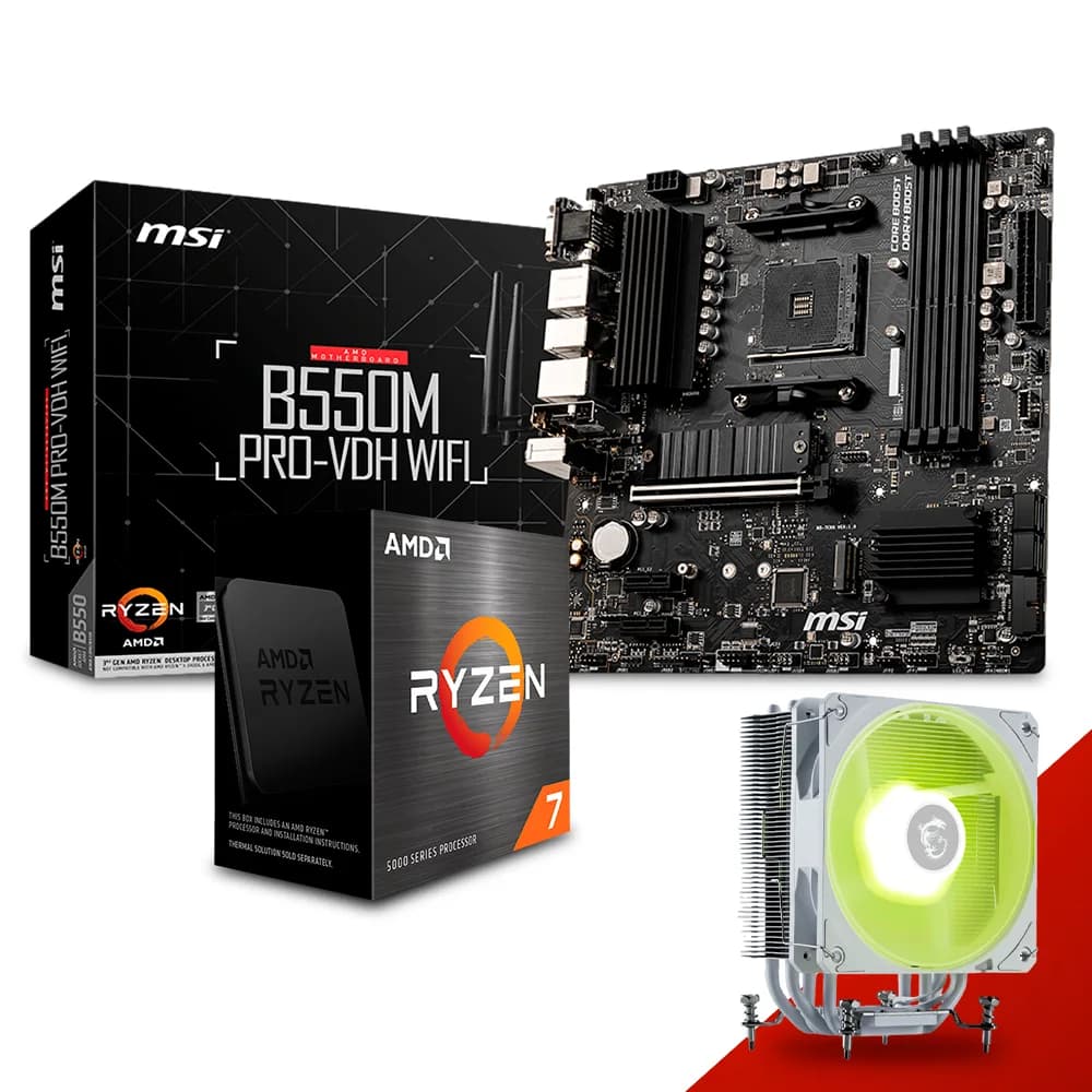Bundle MSI 2 / Procesador AMD Ryzen 7 5700X + MSI B550M PRO-VDH WiFi / 8 Núcleos 16 Hilos / WiFi / PCIe 4.0 / M.2 NVMe / Regalo Disipador MSI MAG CoreFrozr AA13 ARGB White